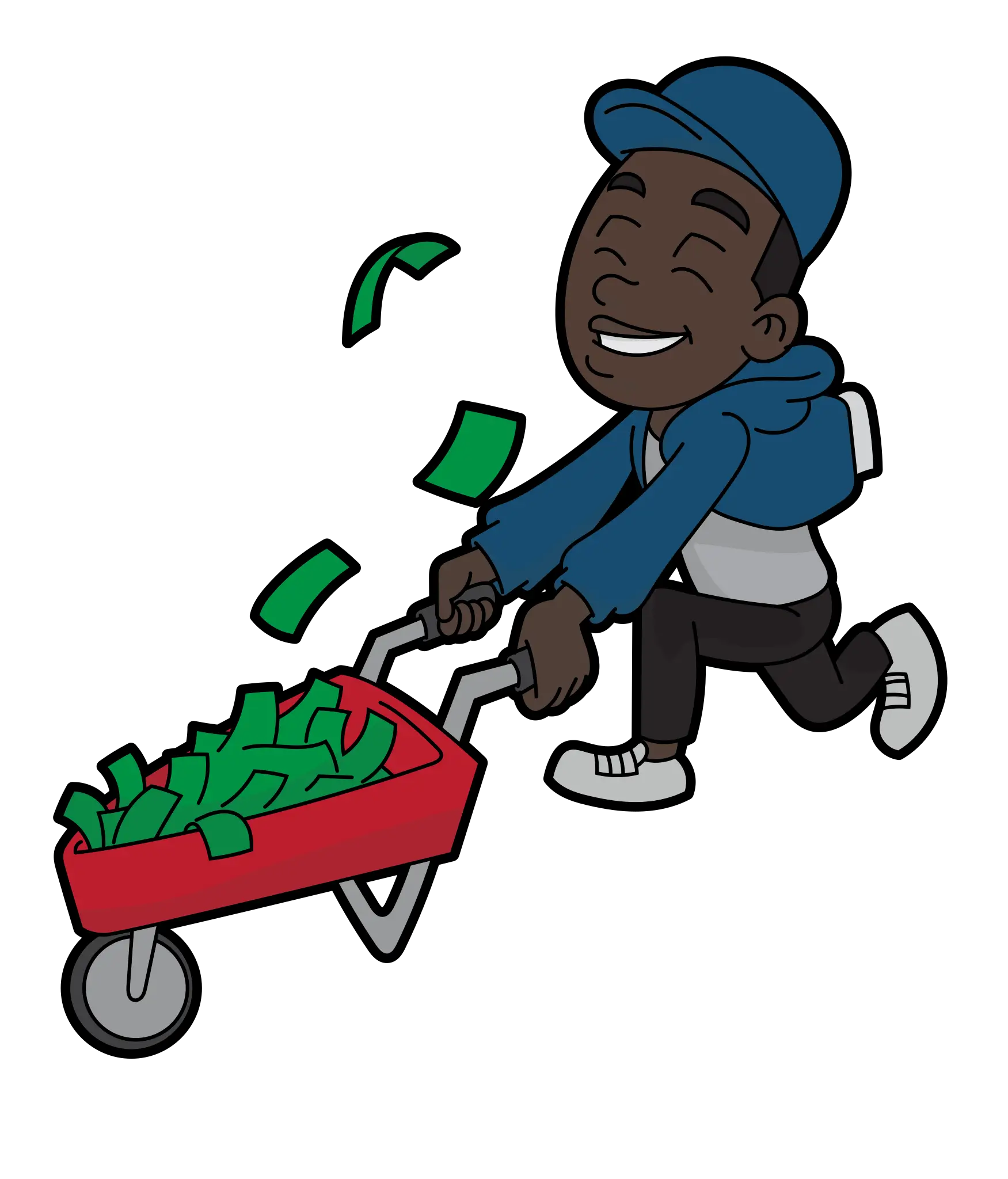 picture of a black animated character with a wheel barrel of money