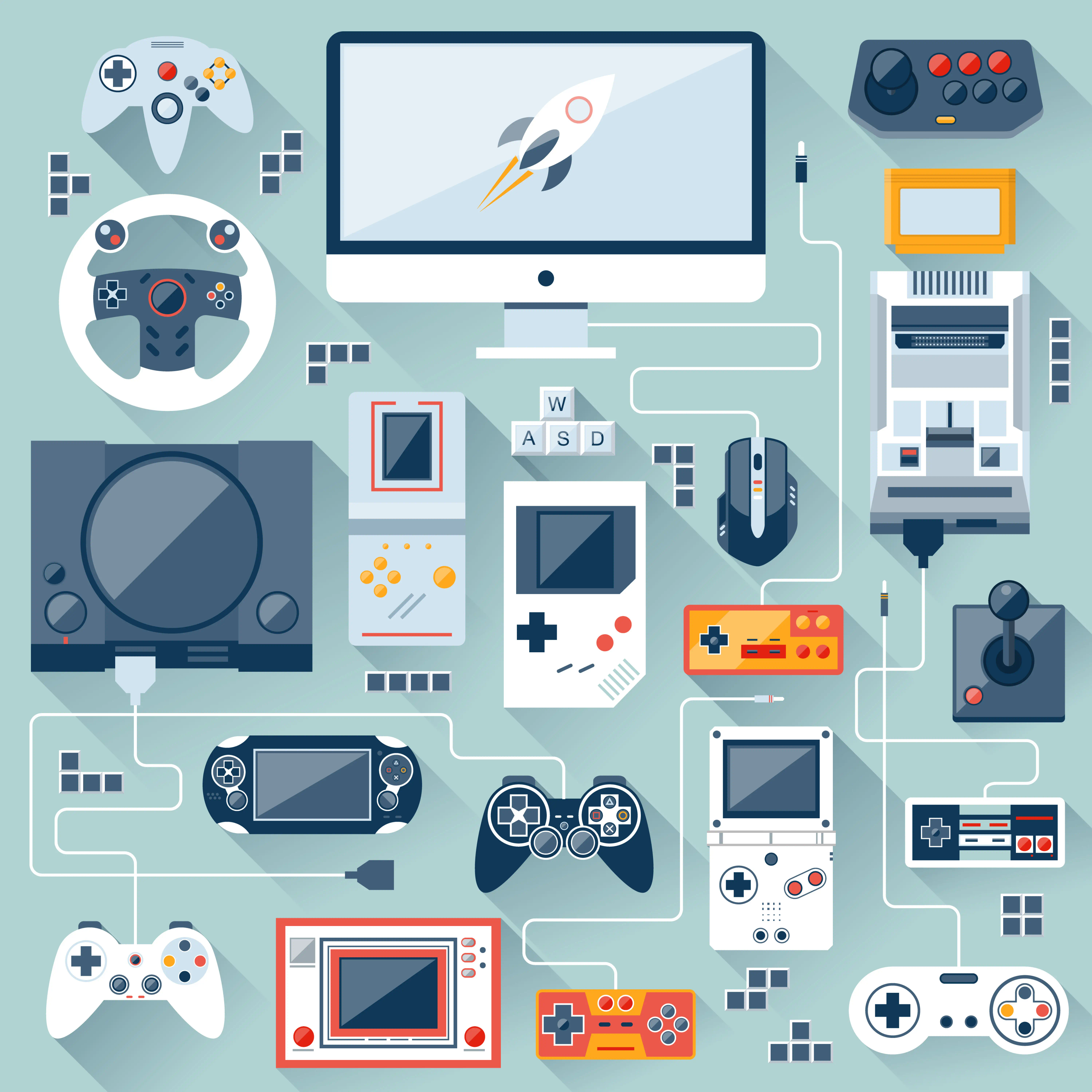 a picture showing how far along technology has come displaying modern tech gadgets, computer gaming consoles, console peripherals, other technical computer gadgets