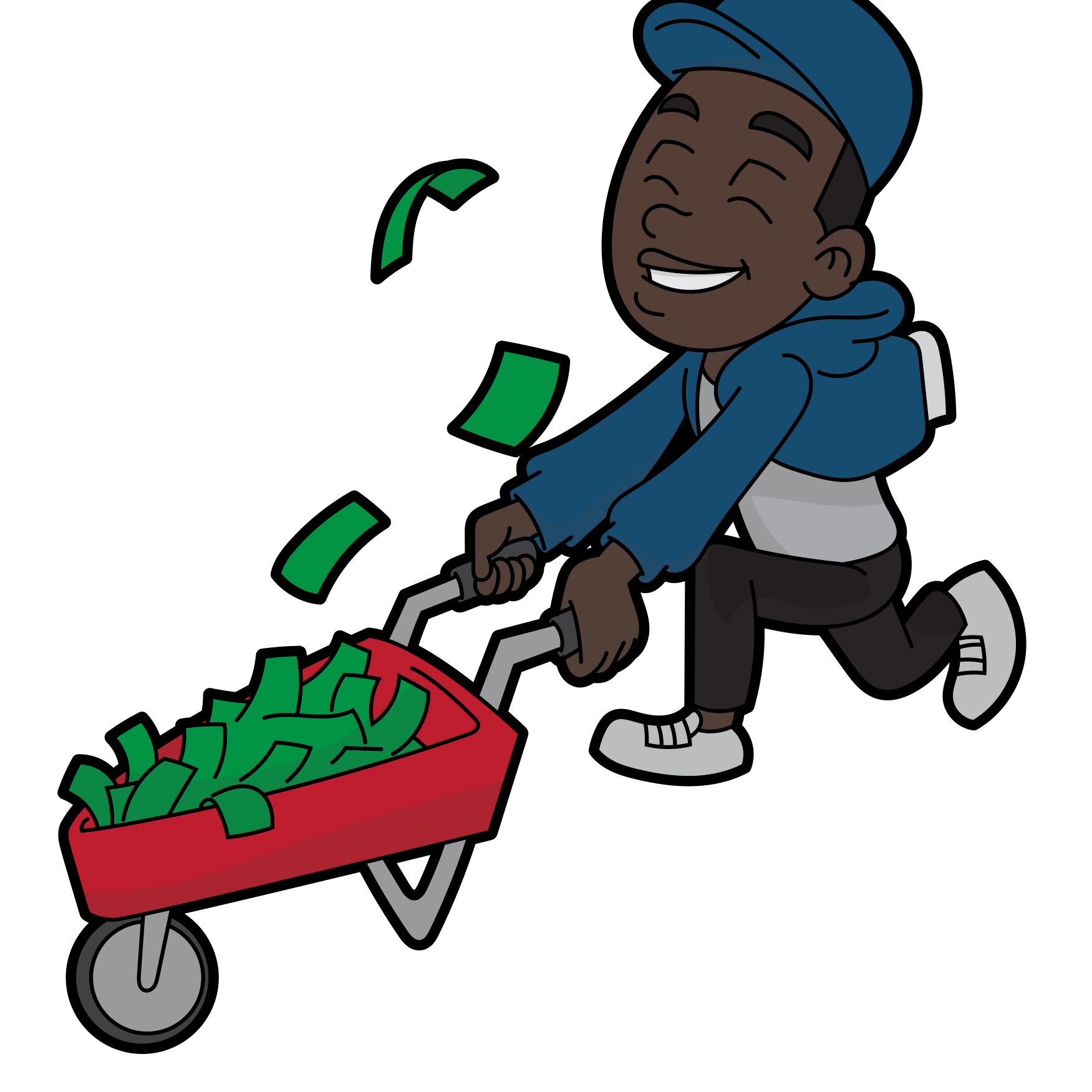 a picture of a black animated cartoon character walking away jolly pushing a wheel barrel full of green fiat money.
